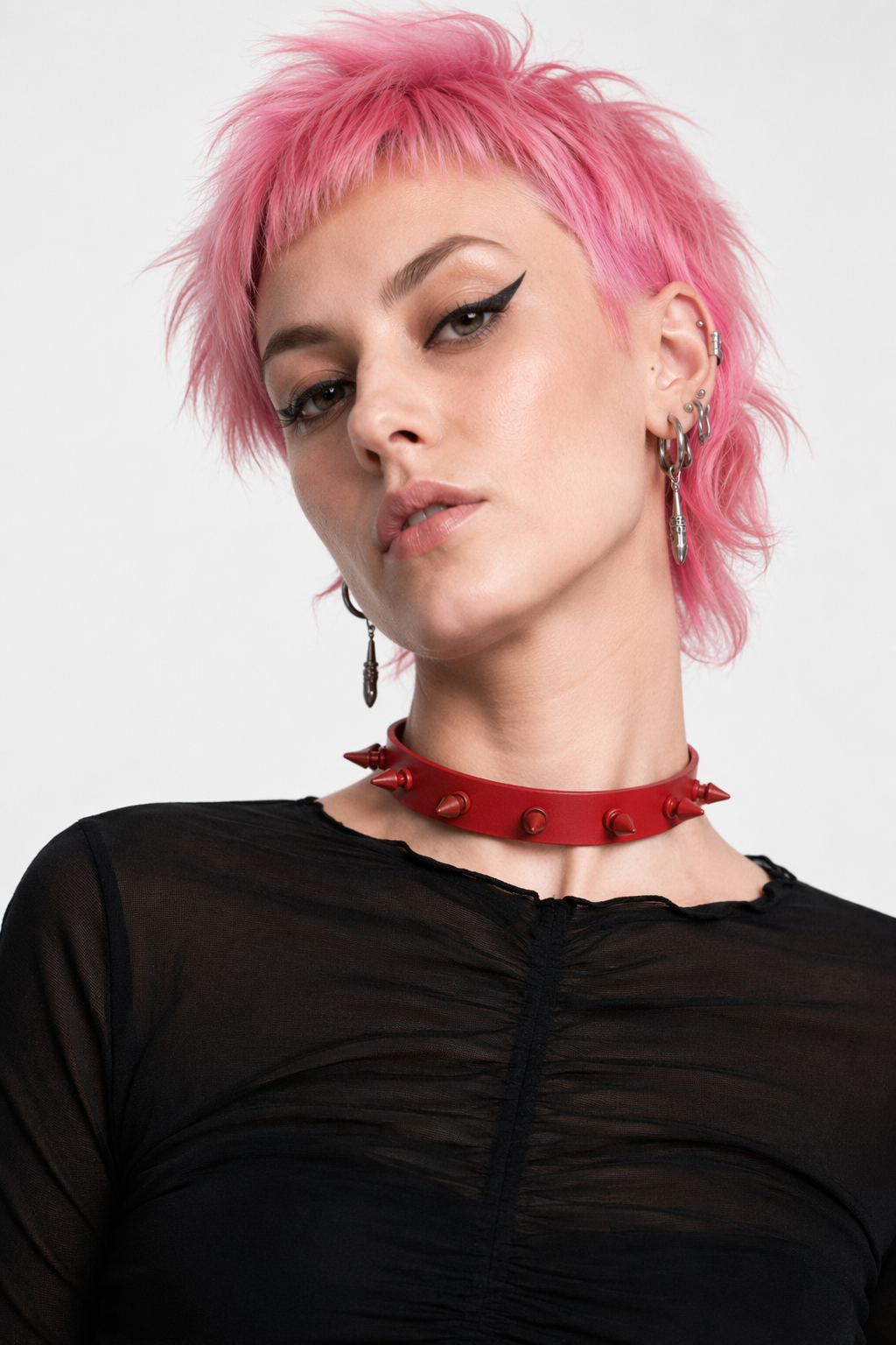 Hellboy's Spiky Black Leather Choker red