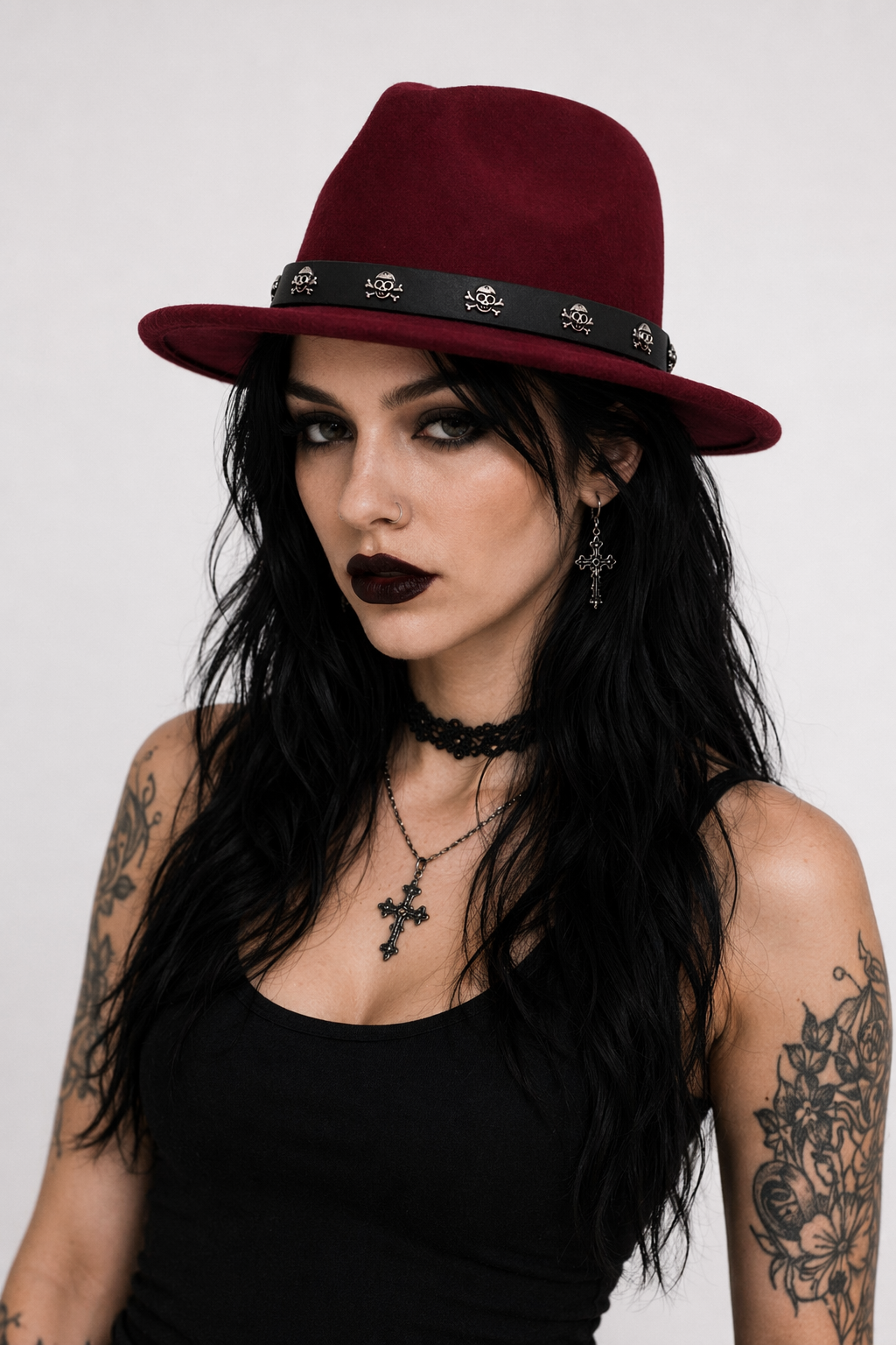 Skull Fedora in Multiple Colors Burgundy