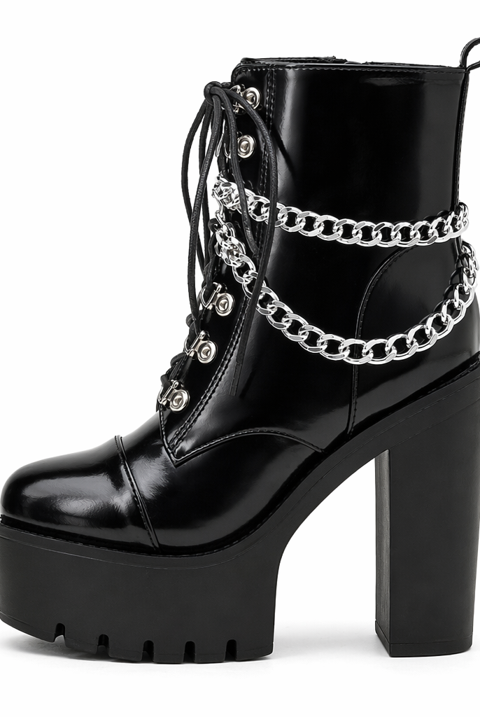 "Black Gothic Chain Ankle Boots" black shoes