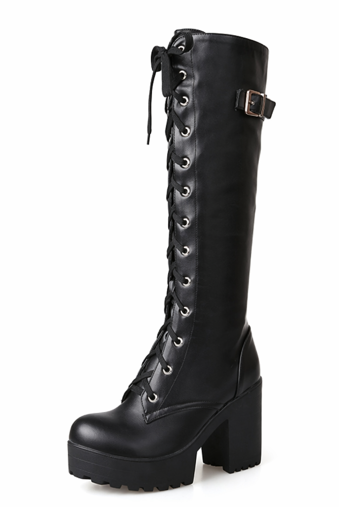 Gothic Lace-Up Knee-High Boots black shoes