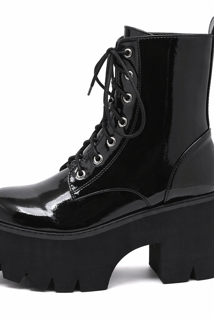 "Patent Platform Lace-up Boots" black shoes