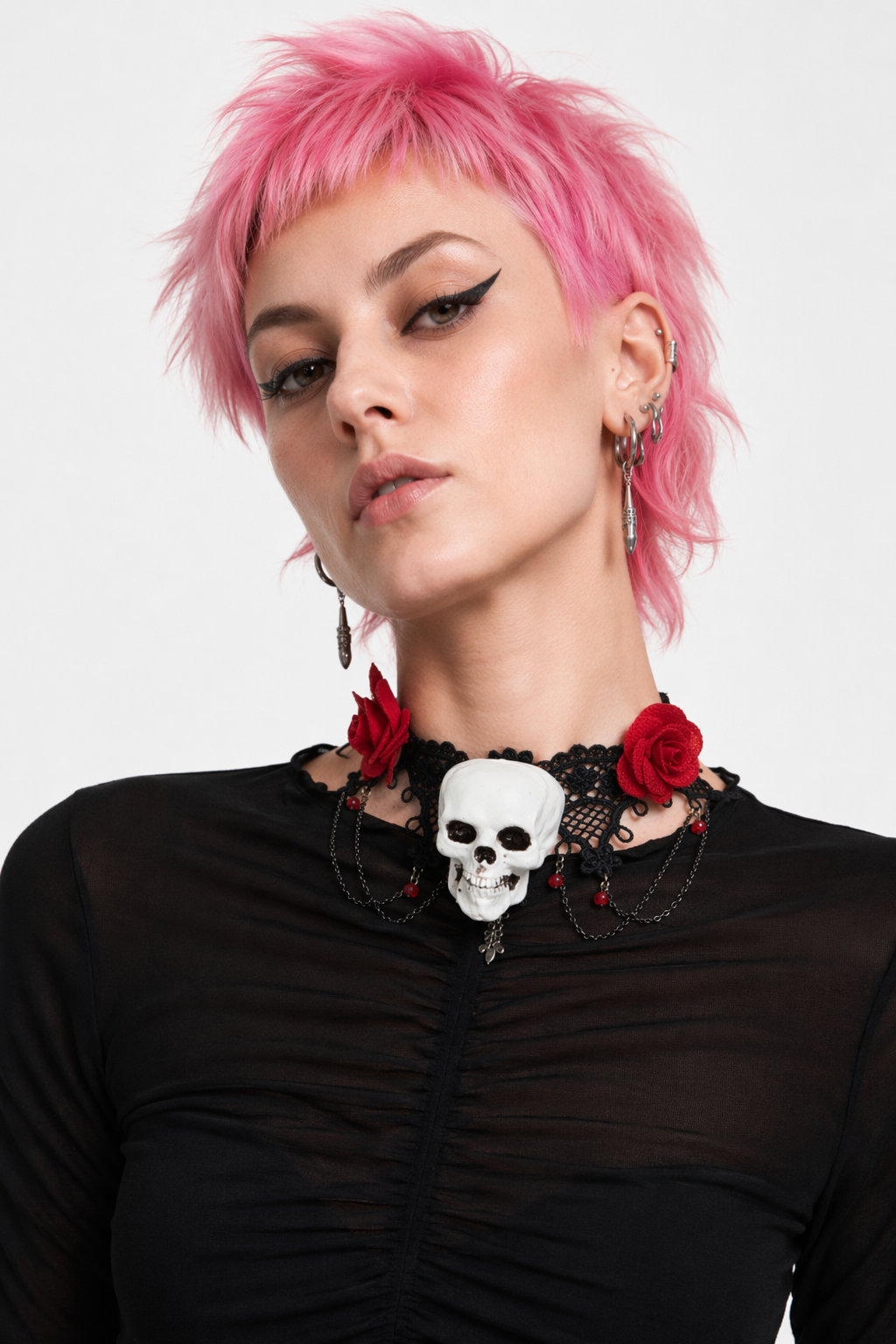 Lace Choker with Skull Rose Default