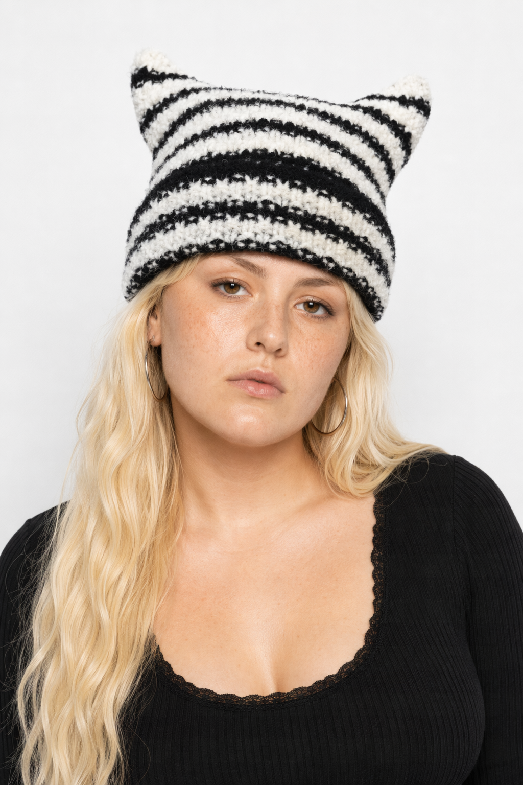 Devilish Striped Harajuku Cat Beanie Black white striped