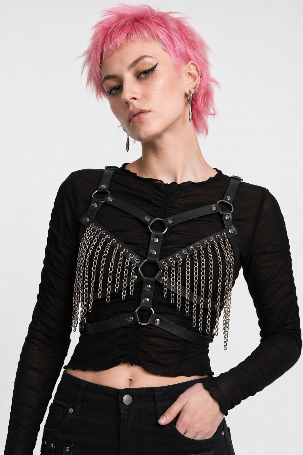 Gothic Chain Harness: Black Faux Leather' black