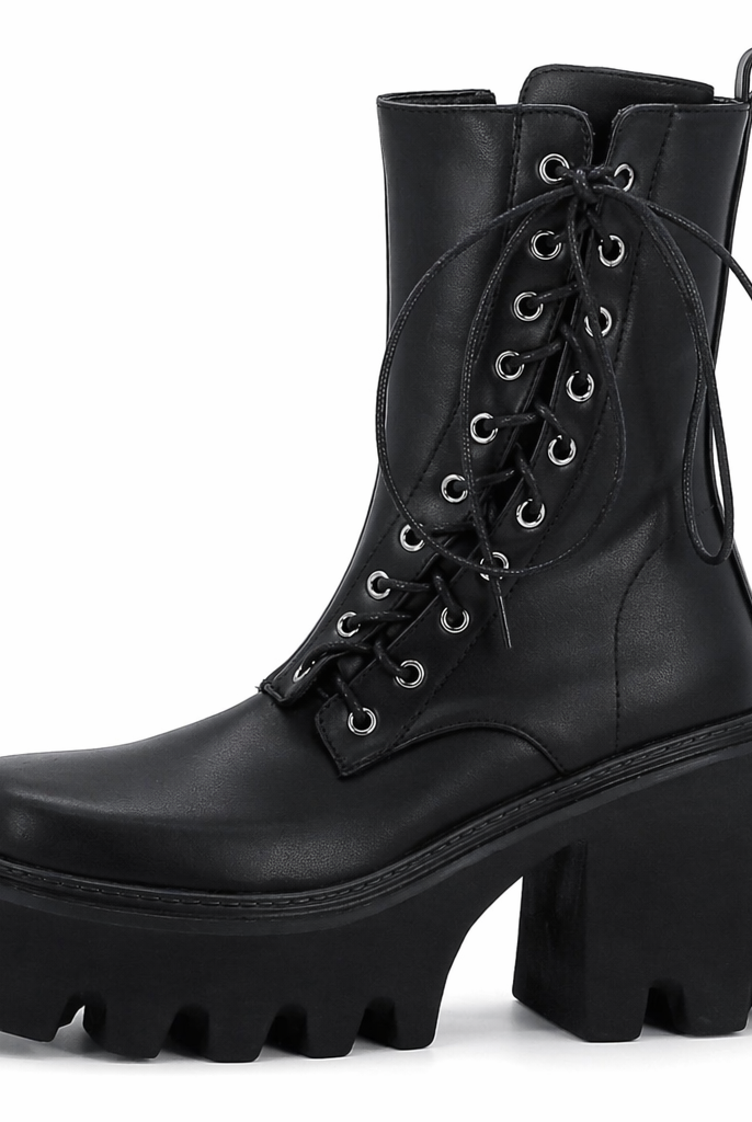 Black Lace-Up PU Leather Boots black