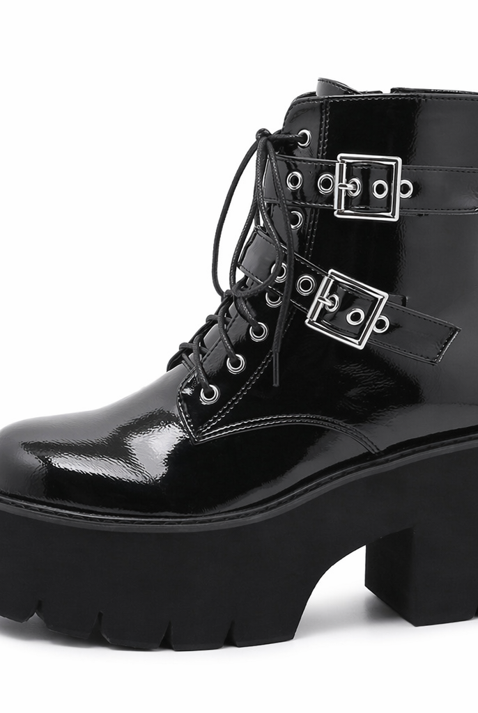 Black Patent Buckle Goth Boots black shoes