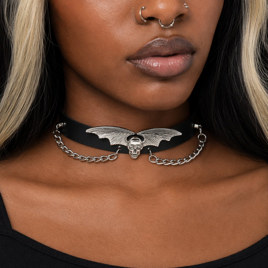 "Skull Bat Choker: Multi-Colored Option" Black