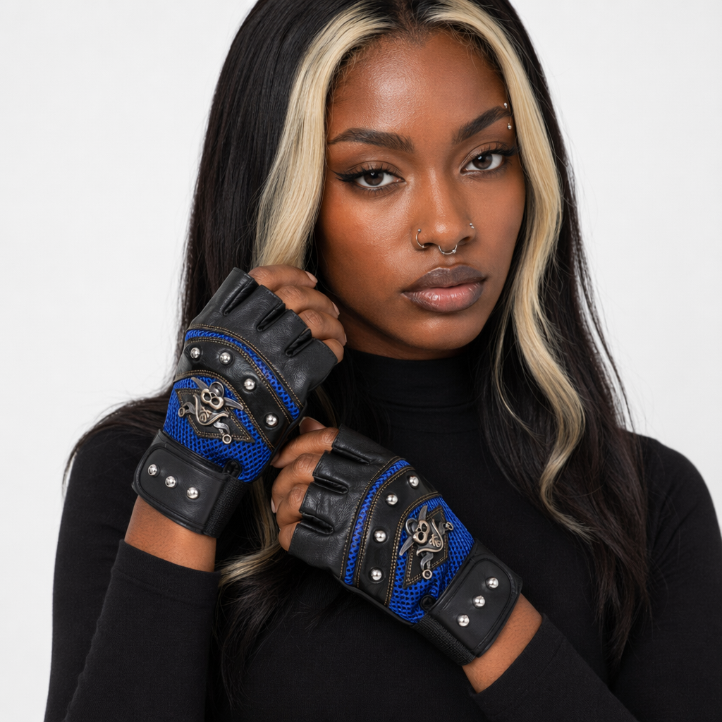 Black/Blue Studded Leather Gloves Blue