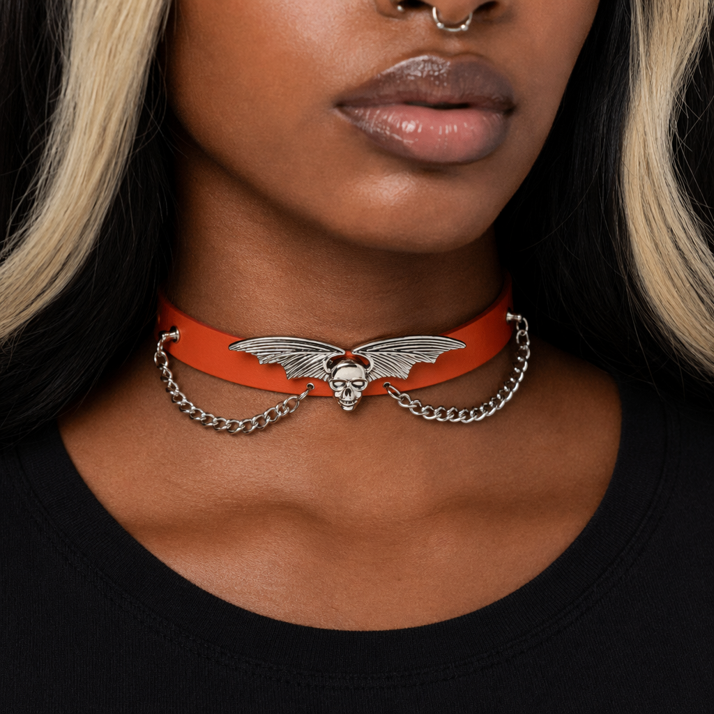 "Skull Bat Choker: Multi-Colored Option" Orange