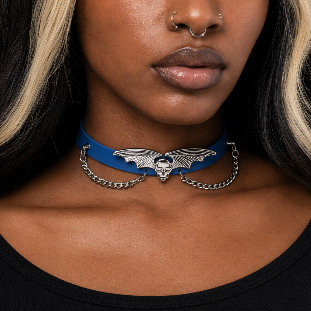 "Skull Bat Choker: Multi-Colored Option" Blue