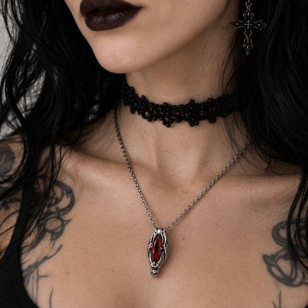 Savage Crystal Bat Necklace Red stone
