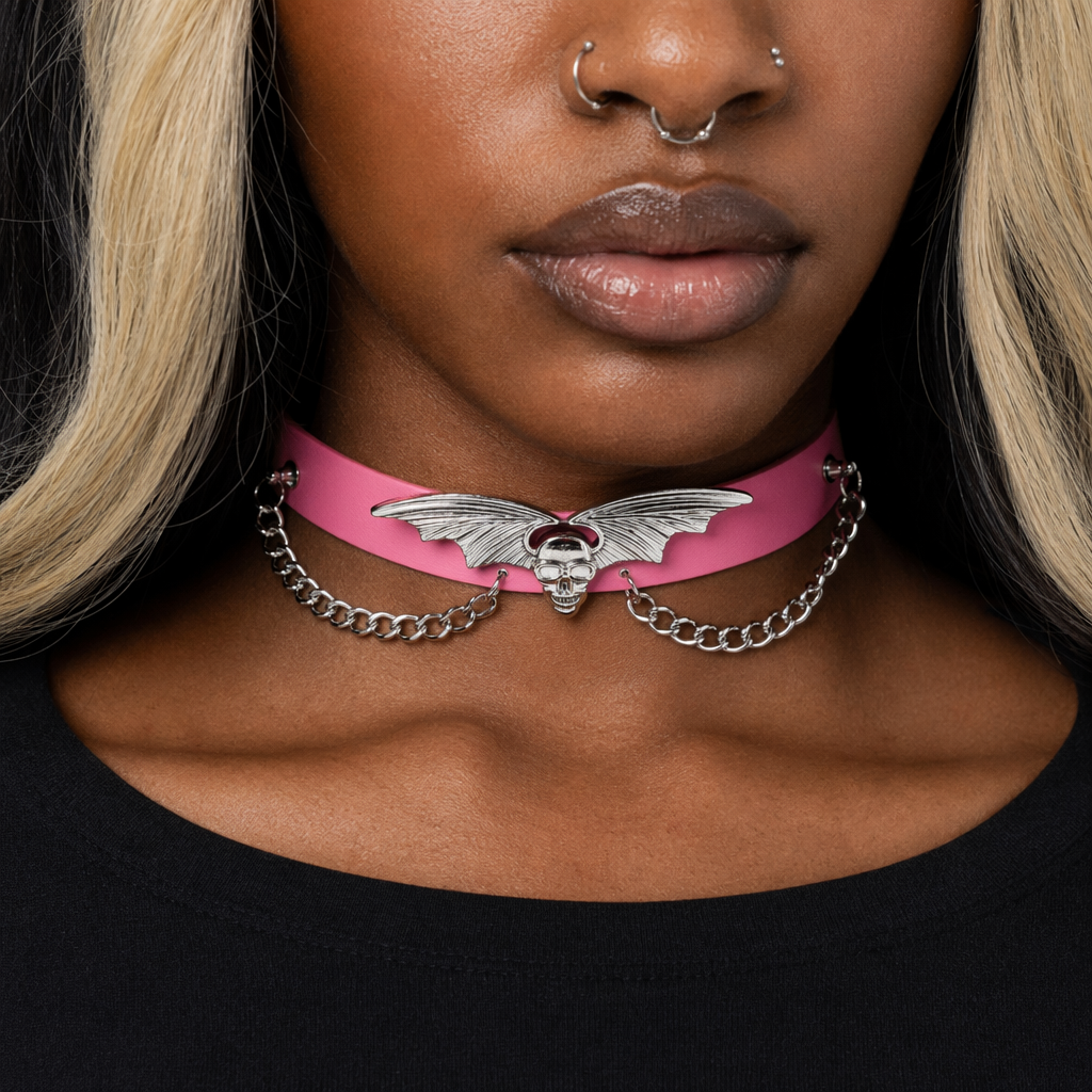"Skull Bat Choker: Multi-Colored Option" Pink