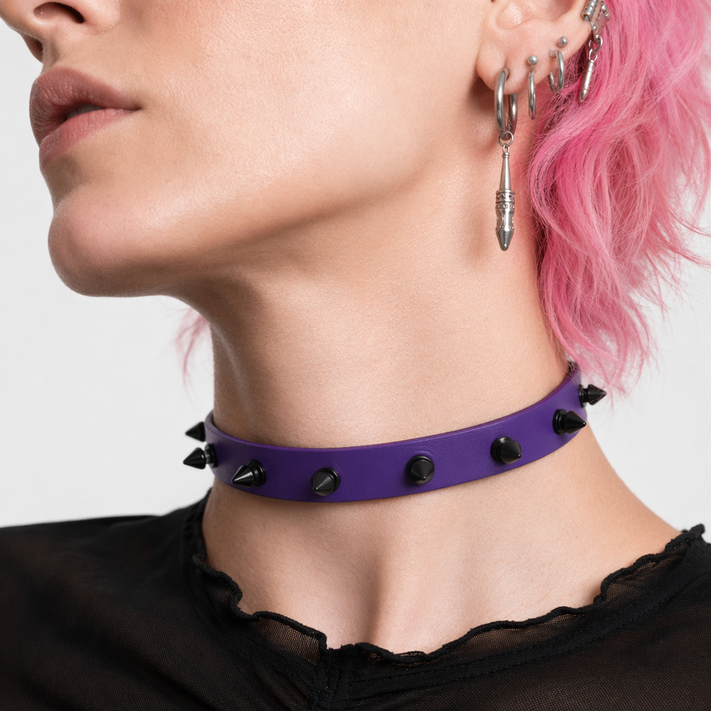 Hellboy's Spiky Black Leather Choker purple