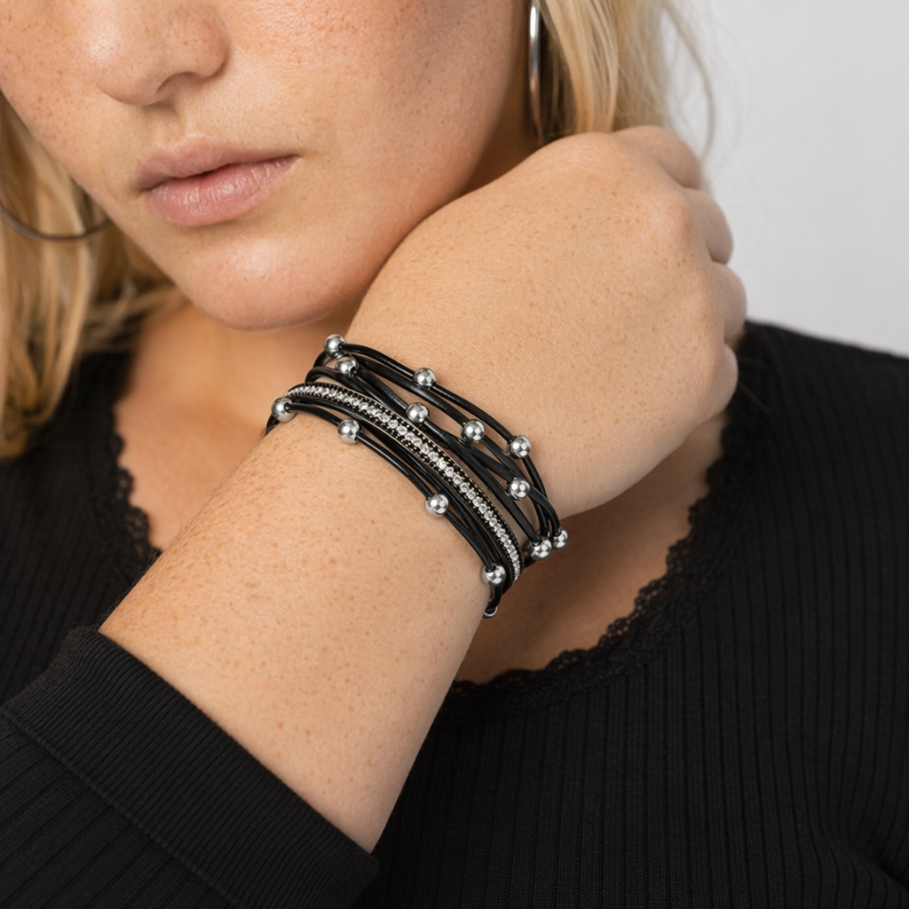 Silver Black Beaded Rope Bracelet Silver