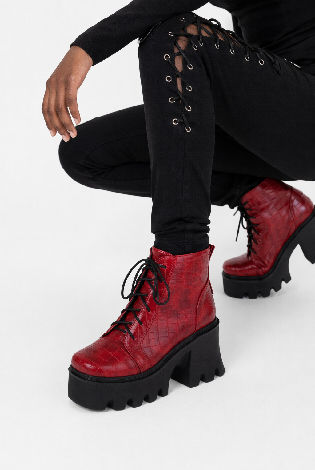 Gothic Lace-Up Leather Boots red