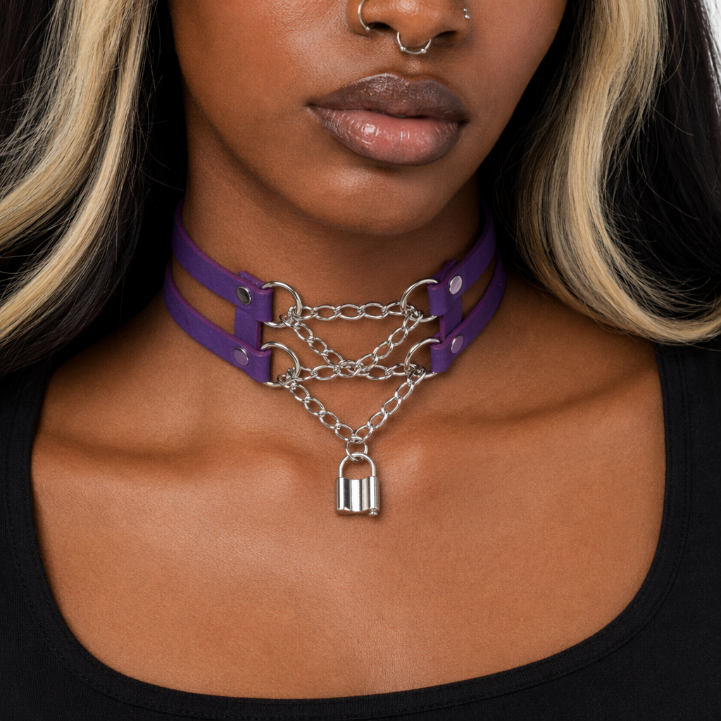 Leather Chain Choker purple