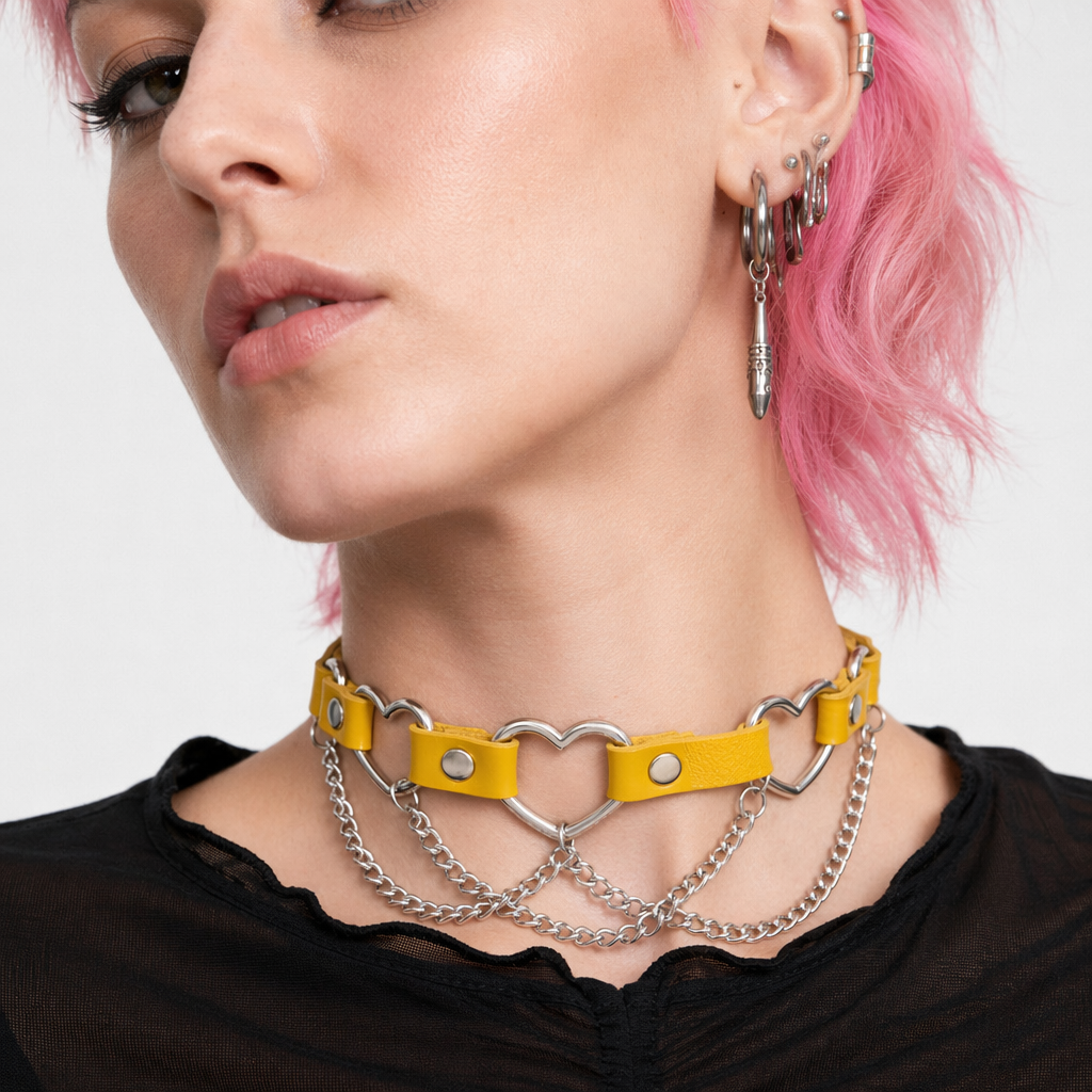 Faux Leather Heart Chain Choker' yellow
