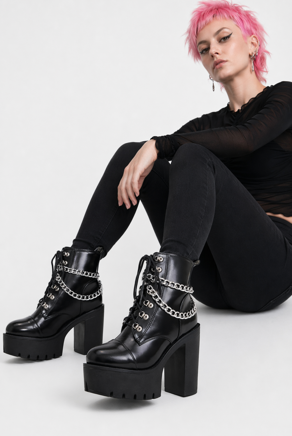 "Black Gothic Chain Ankle Boots" black shoes