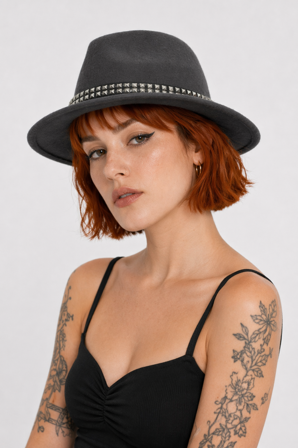 "Black Stud Fedora Hat" Dark Gray