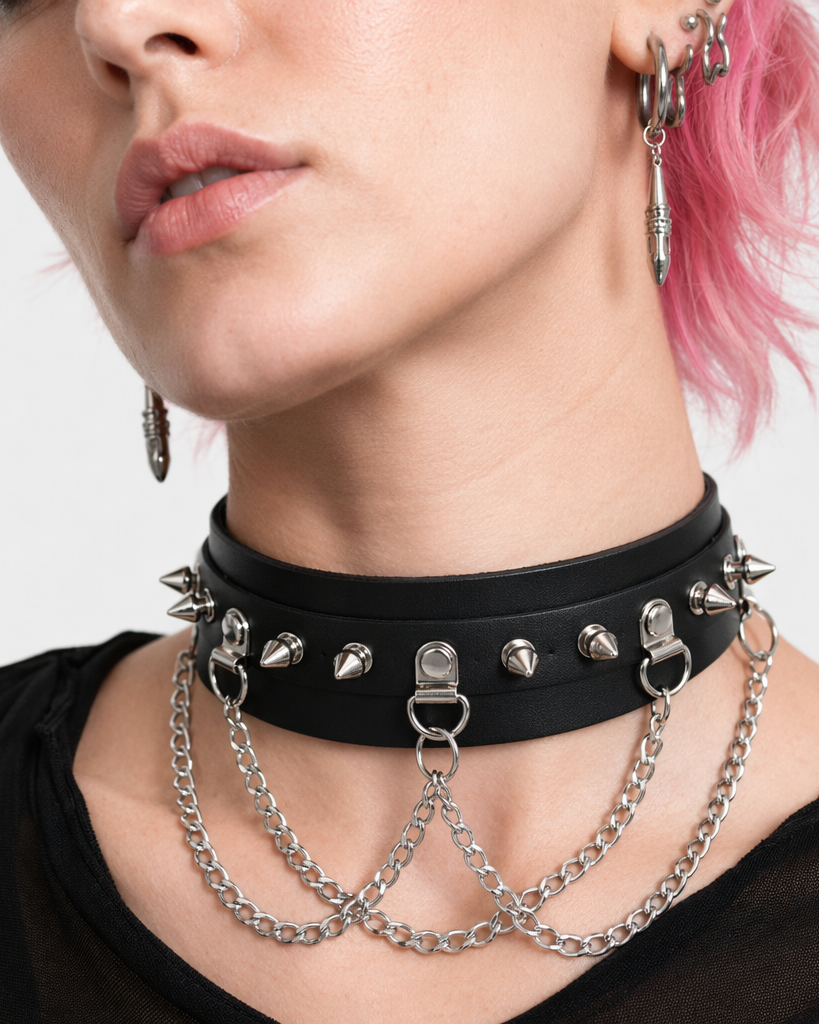 Leather stud choker with chains. Default Title
