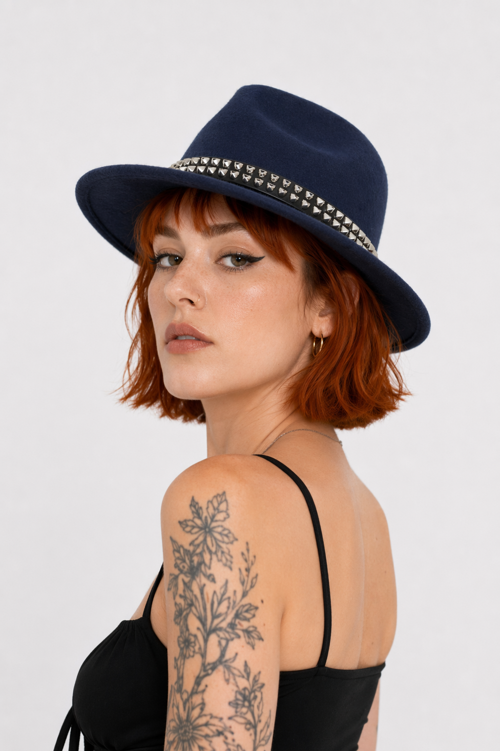 "Black Stud Fedora Hat" Dark Blue