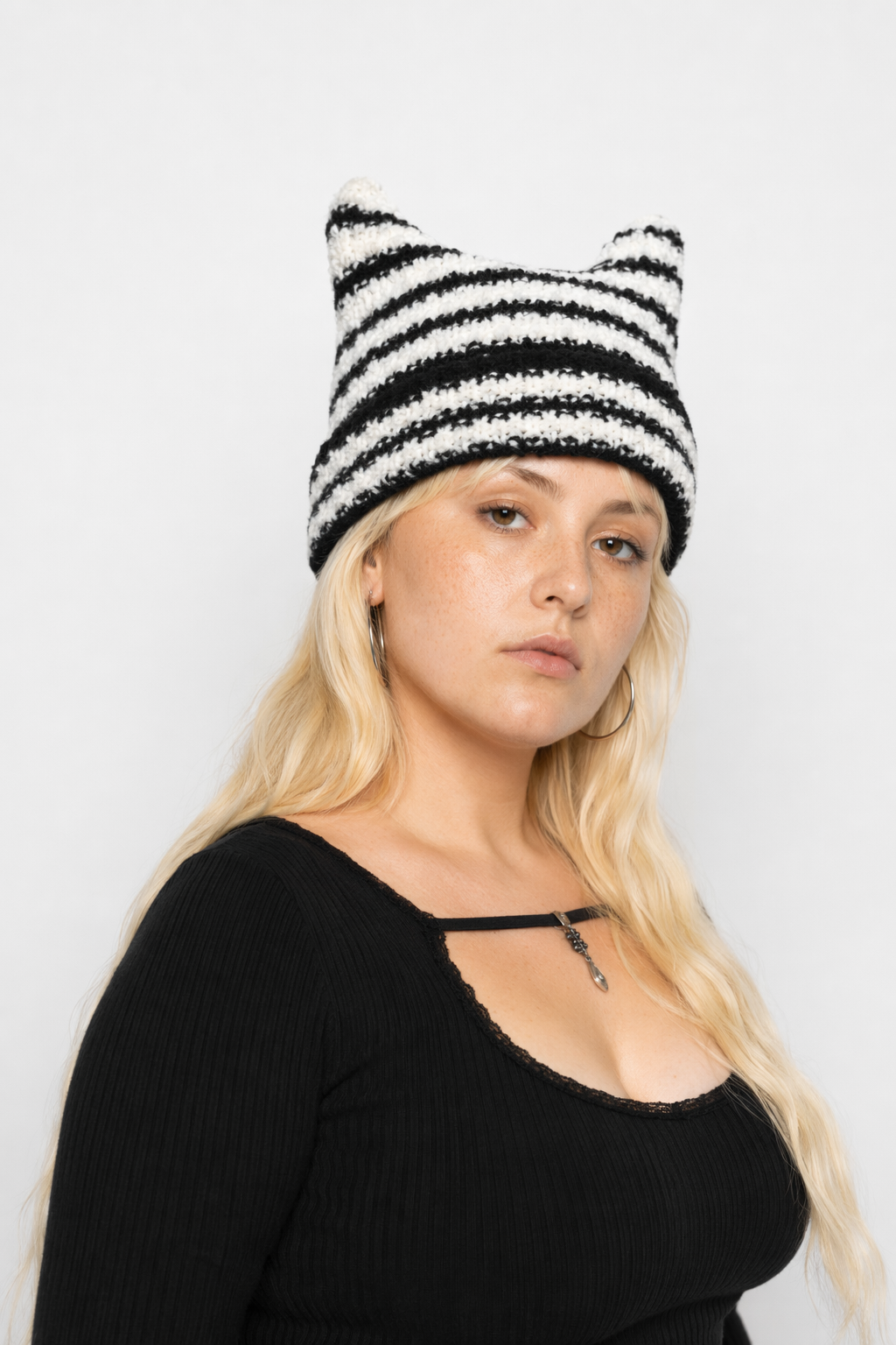 Devilish Striped Harajuku Cat Beanie Black white striped