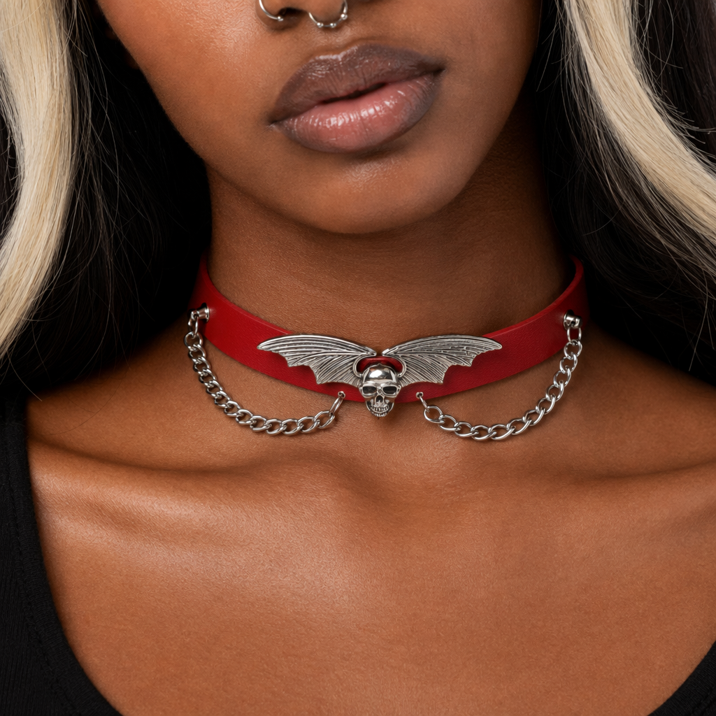 "Skull Bat Choker: Multi-Colored Option" Red