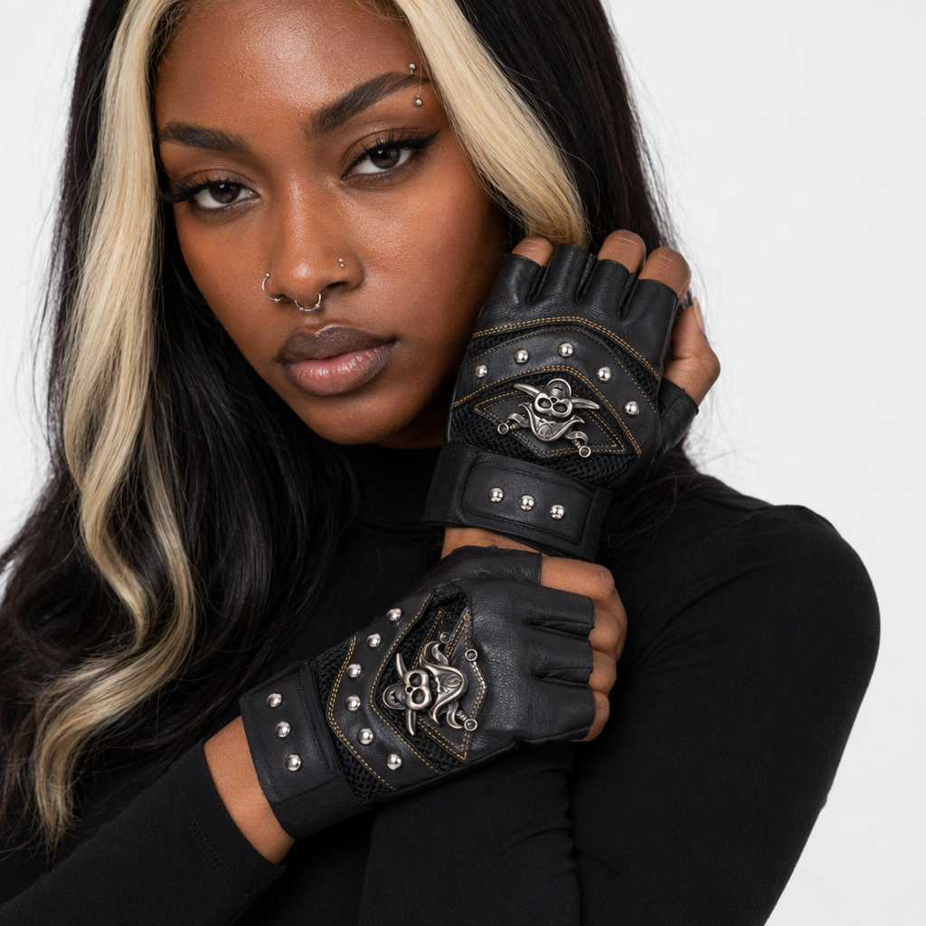 Black/Blue Studded Leather Gloves Black