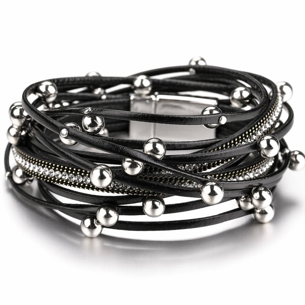 Silver Black Beaded Rope Bracelet Silver