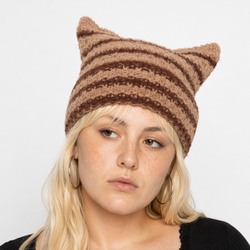 Devilish Striped Harajuku Cat Beanie Brown striped