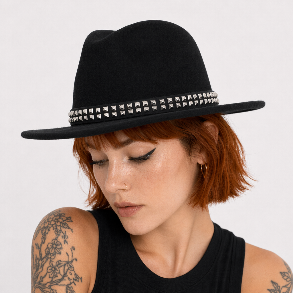 "Black Stud Fedora Hat" Black