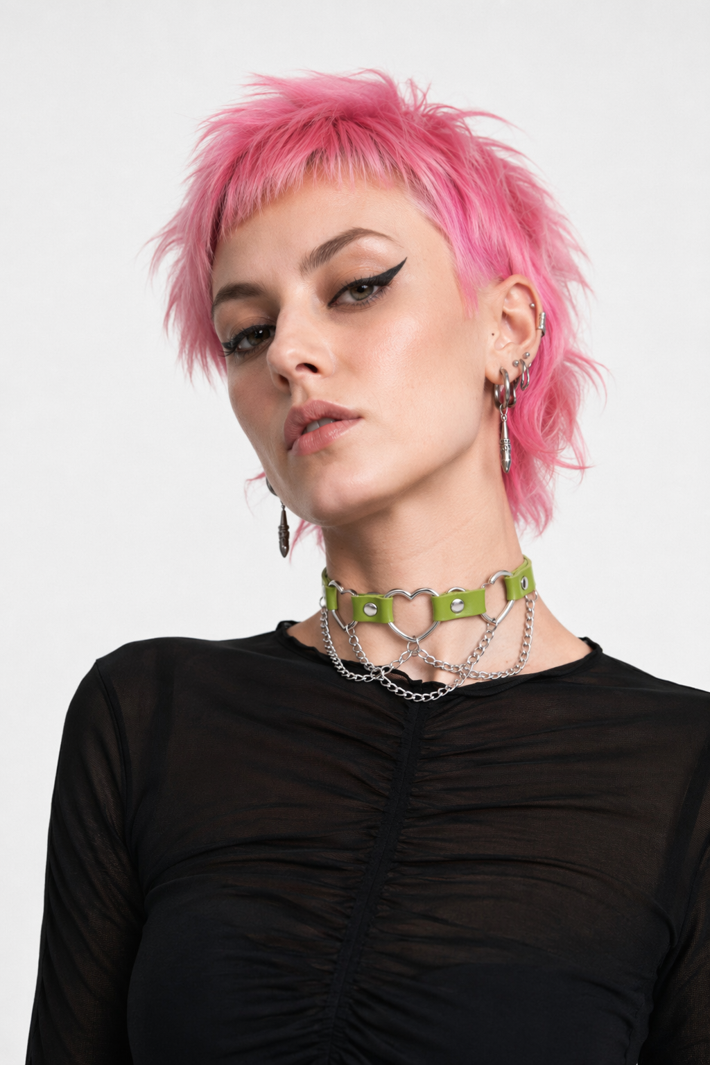 Faux Leather Heart Chain Choker' green