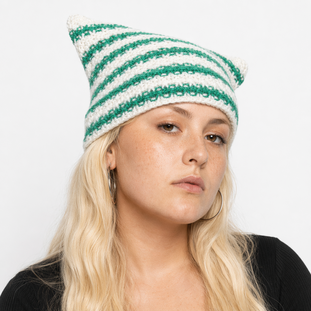 Devilish Striped Harajuku Cat Beanie Green striped