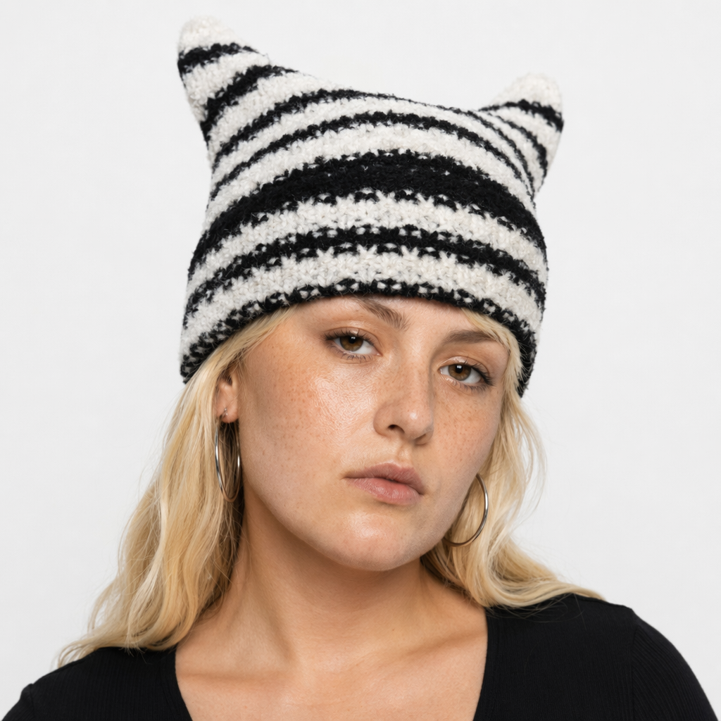 Devilish Striped Harajuku Cat Beanie Black white striped