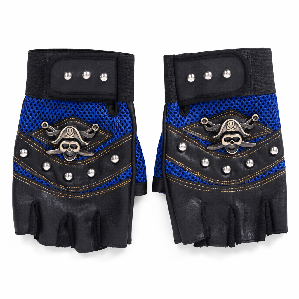 Black/Blue Studded Leather Gloves Blue