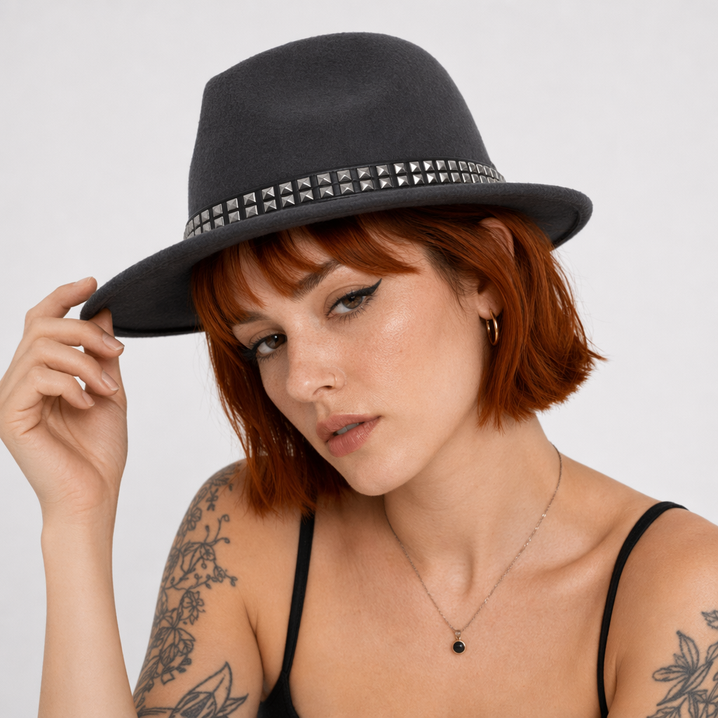 "Black Stud Fedora Hat" Dark Gray