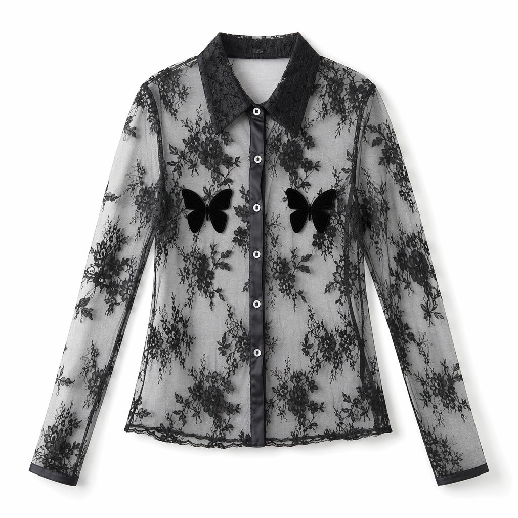 Mesh Butterfly Blouse Top Black