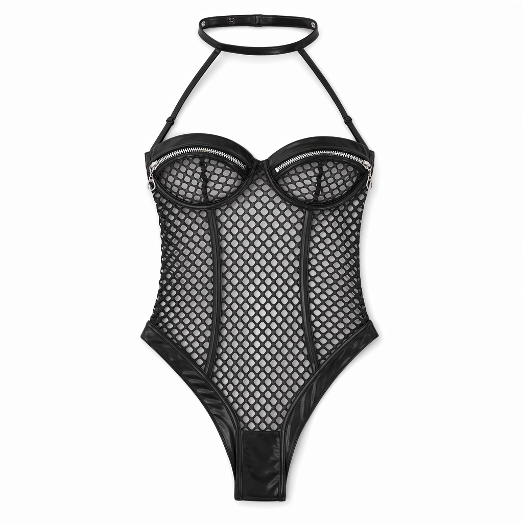 Mesh Latex Bodysuit Black