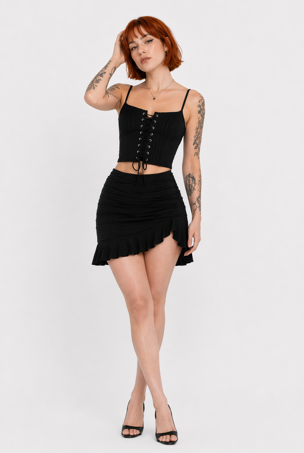 "Lace-Up Black Cropped Cami" BLACK