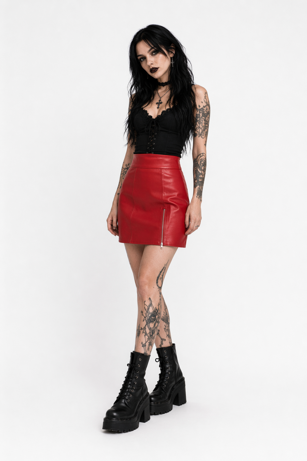 "Frighteners' Black/Red PU Mini Skirt" red
