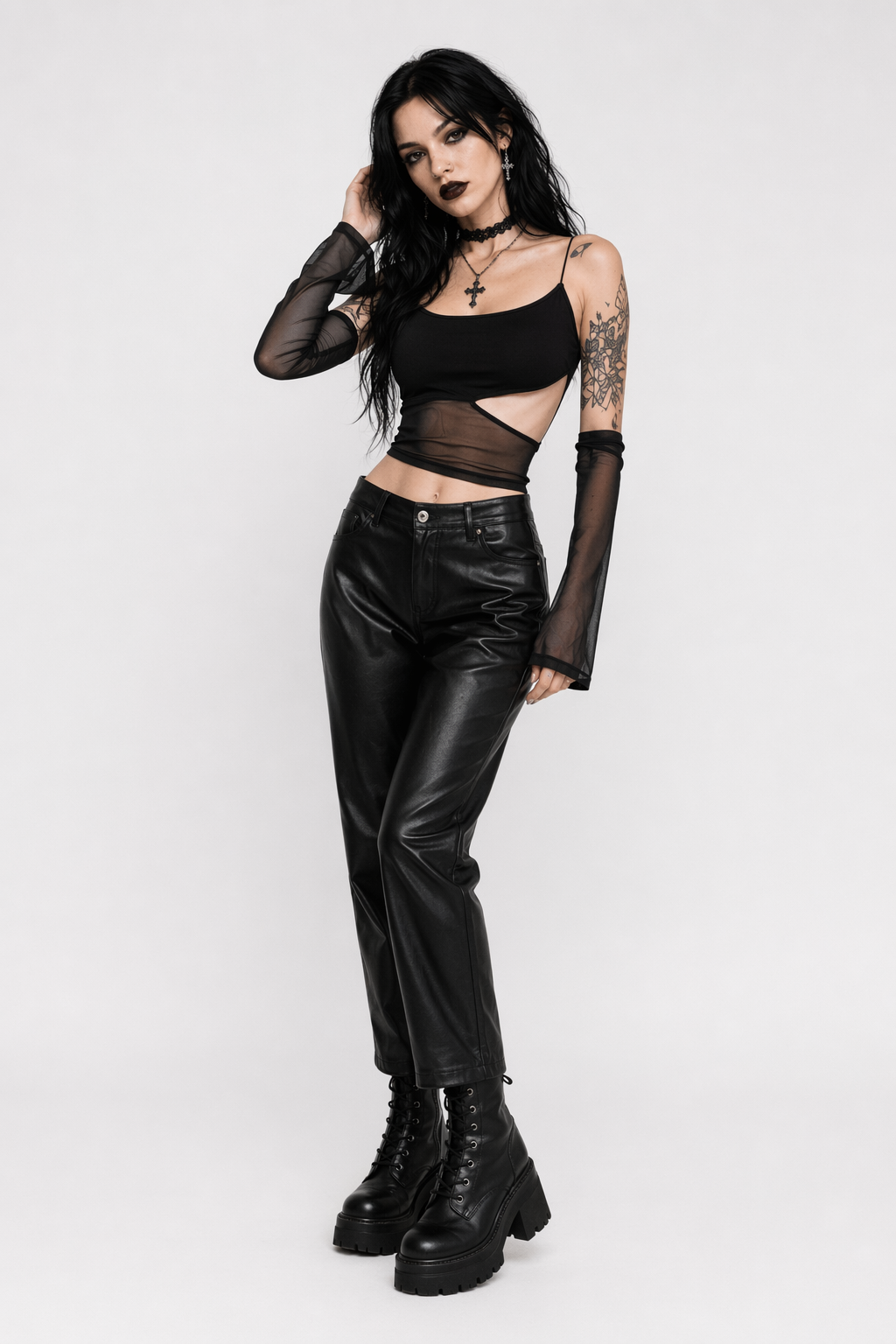 Cut-out Mesh Crop Top Black