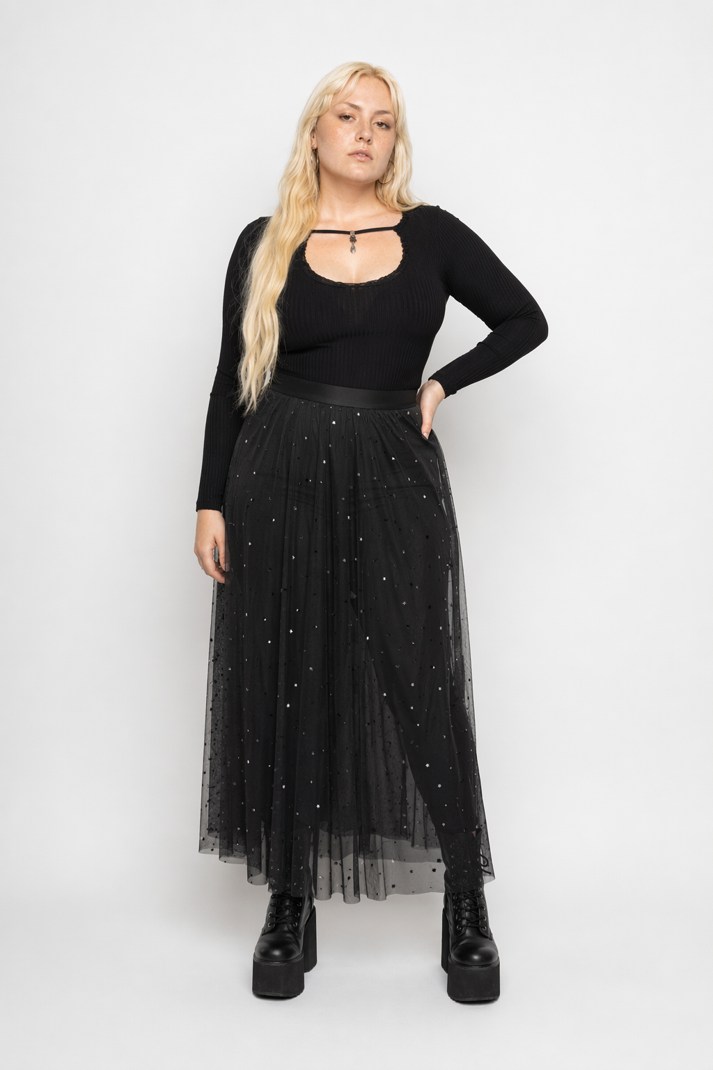 Black mesh high waist maxi skirt Black