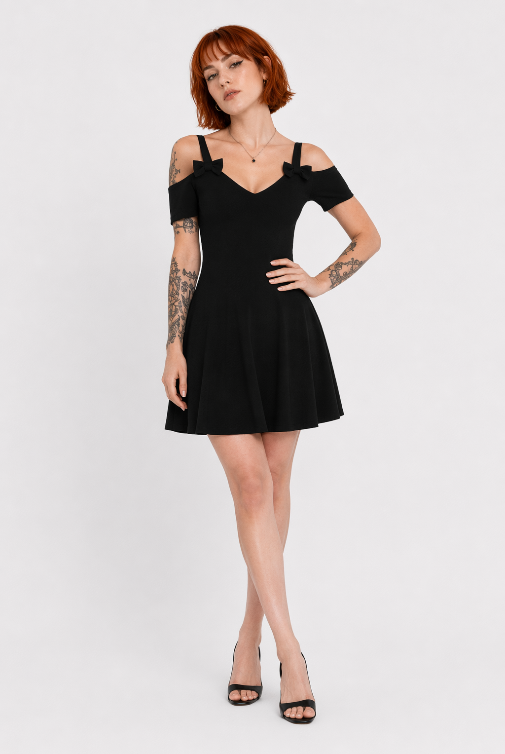 "Black Bow Open Shoulder Dress" black