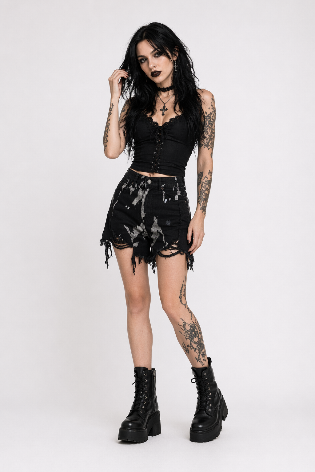 Black Tie Dye High Waist Shorts. Black