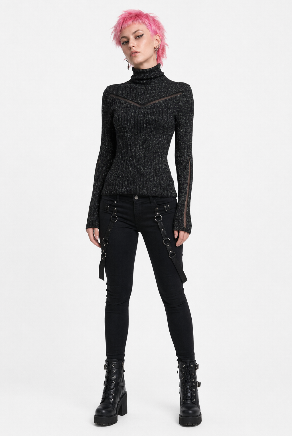 Grunge Grey Turtleneck Alternative Top Black