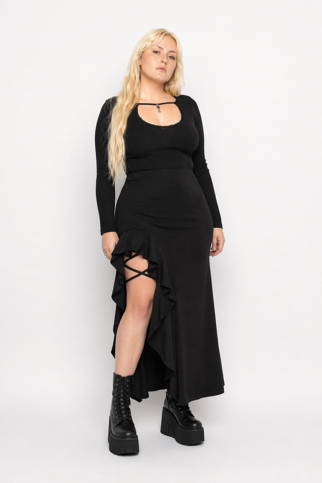 Black Split Ruffle Skirt black