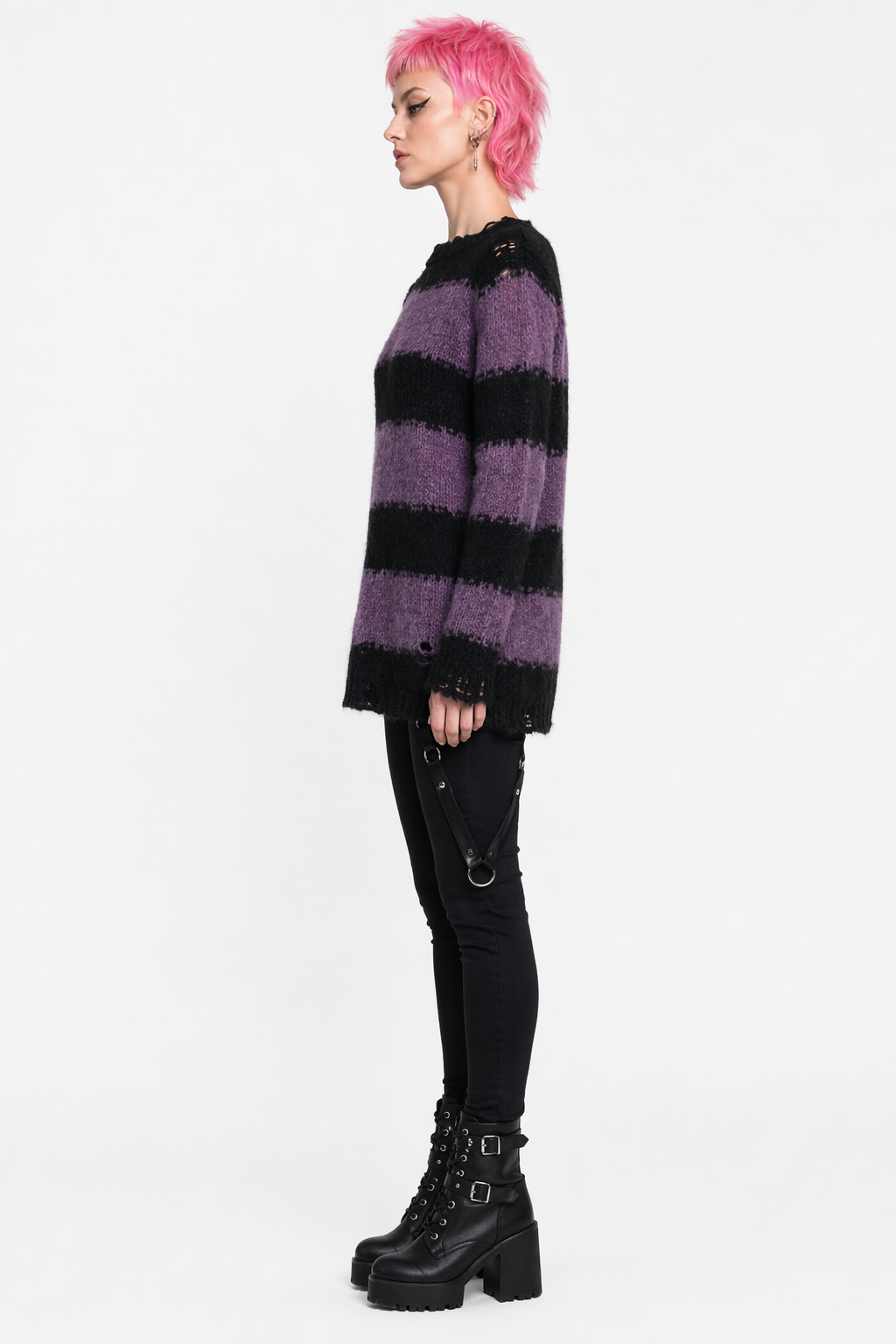Black Purple Grunge Striped Sweater Purple