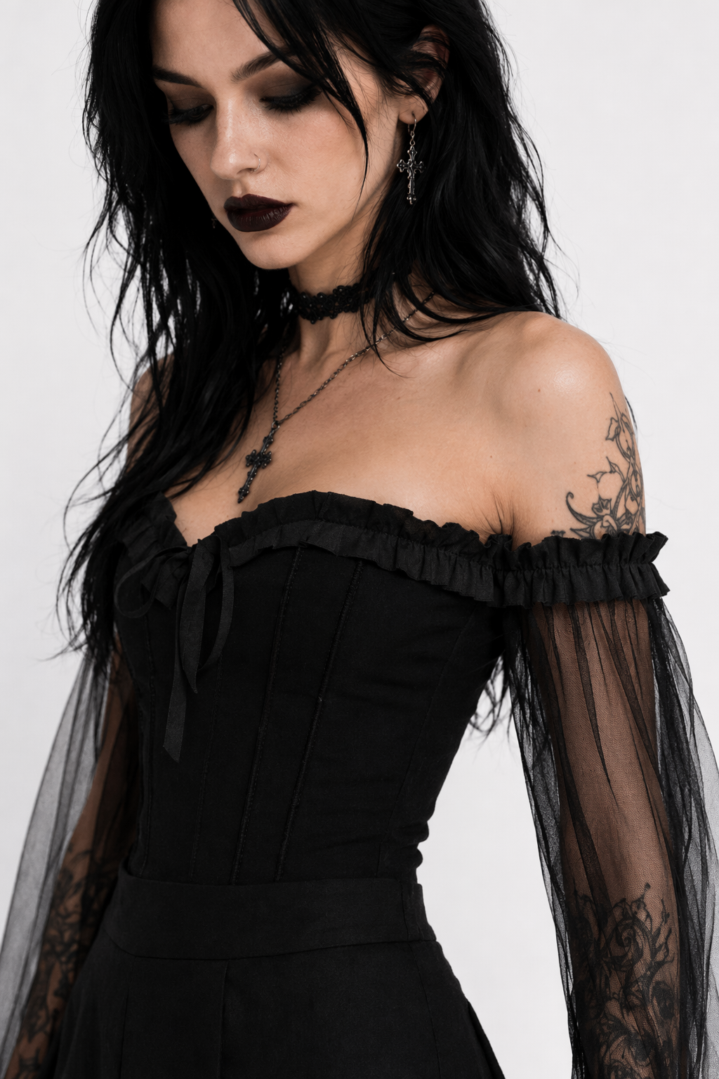 Gothic Mesh Shoulder Top Black