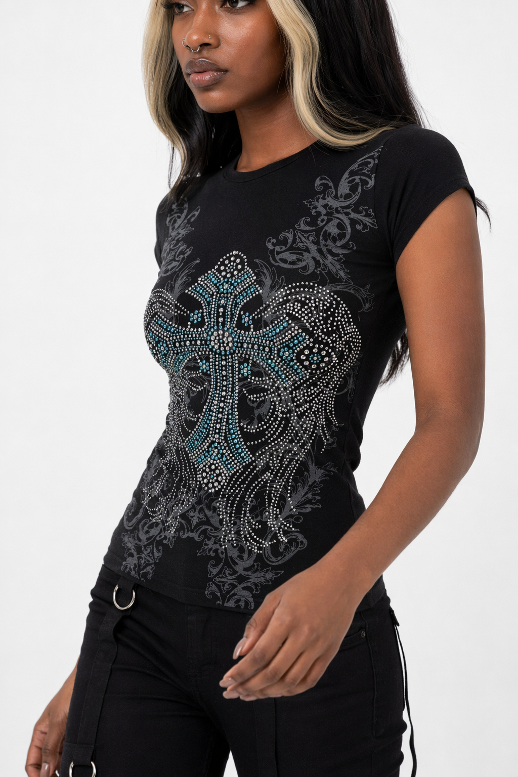 Rhinestone Cross Grunge Top Short Sleeve