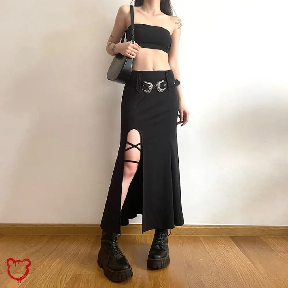 Black Belted Lace-Up Skirt / S Clothing